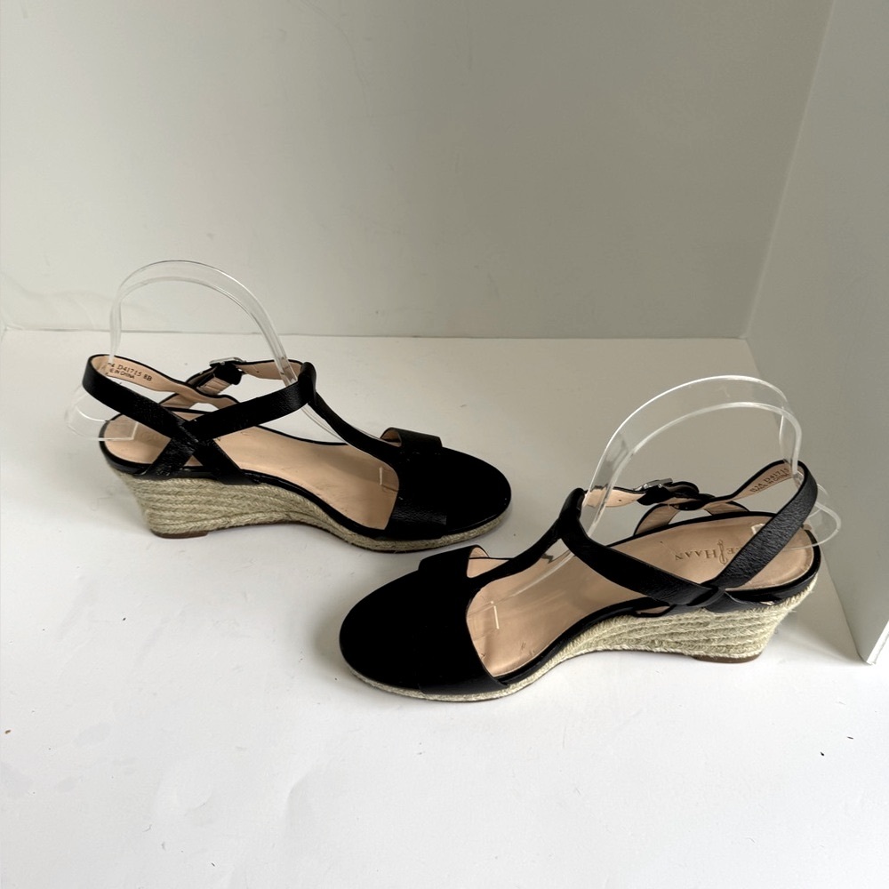Cole Haan Elizabeth Wedge Sandal Black Leather T-Strap Espadrille Size 8 - Picture 8 of 16